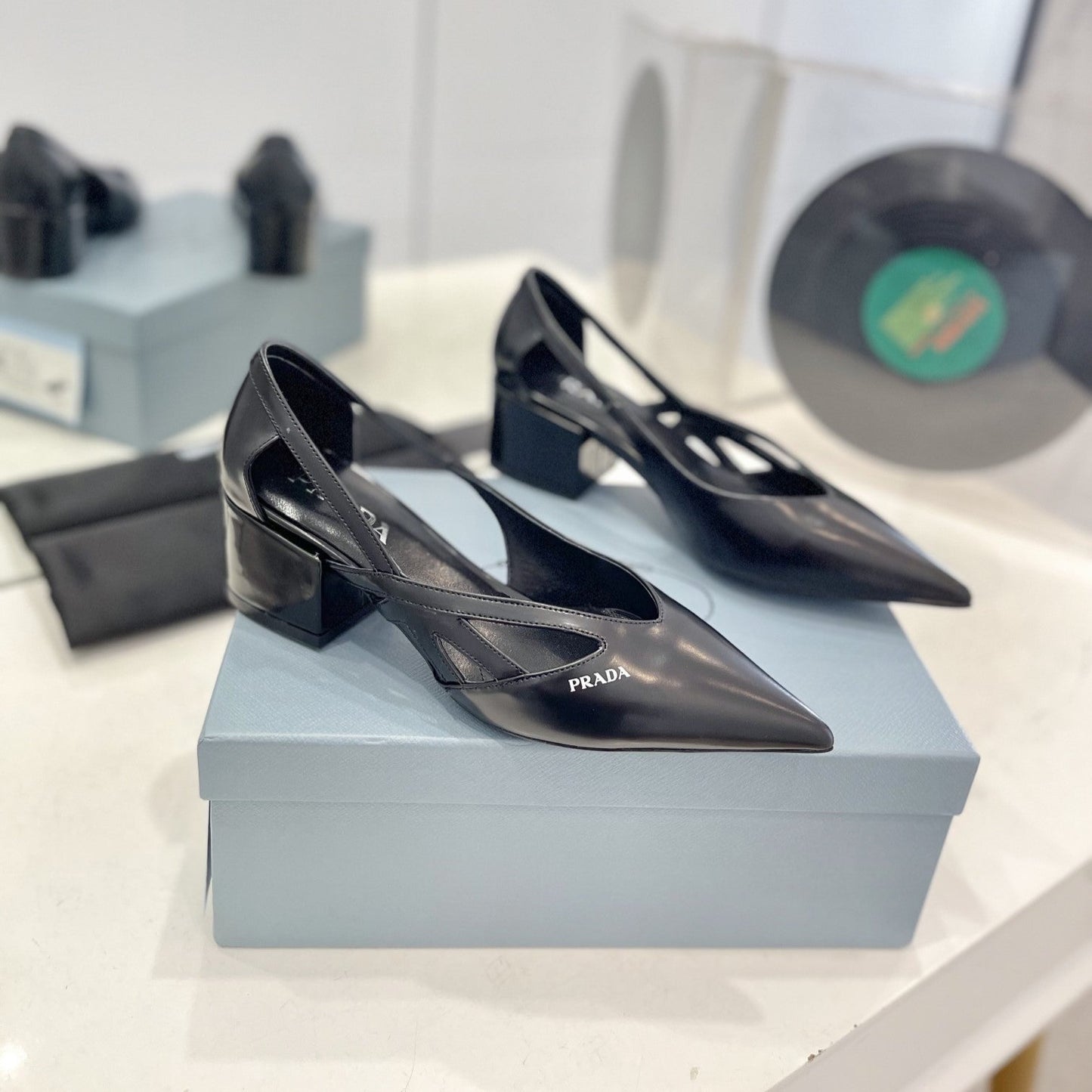 Luxury PradaPumps 50 Square Sole Black Patent Leather