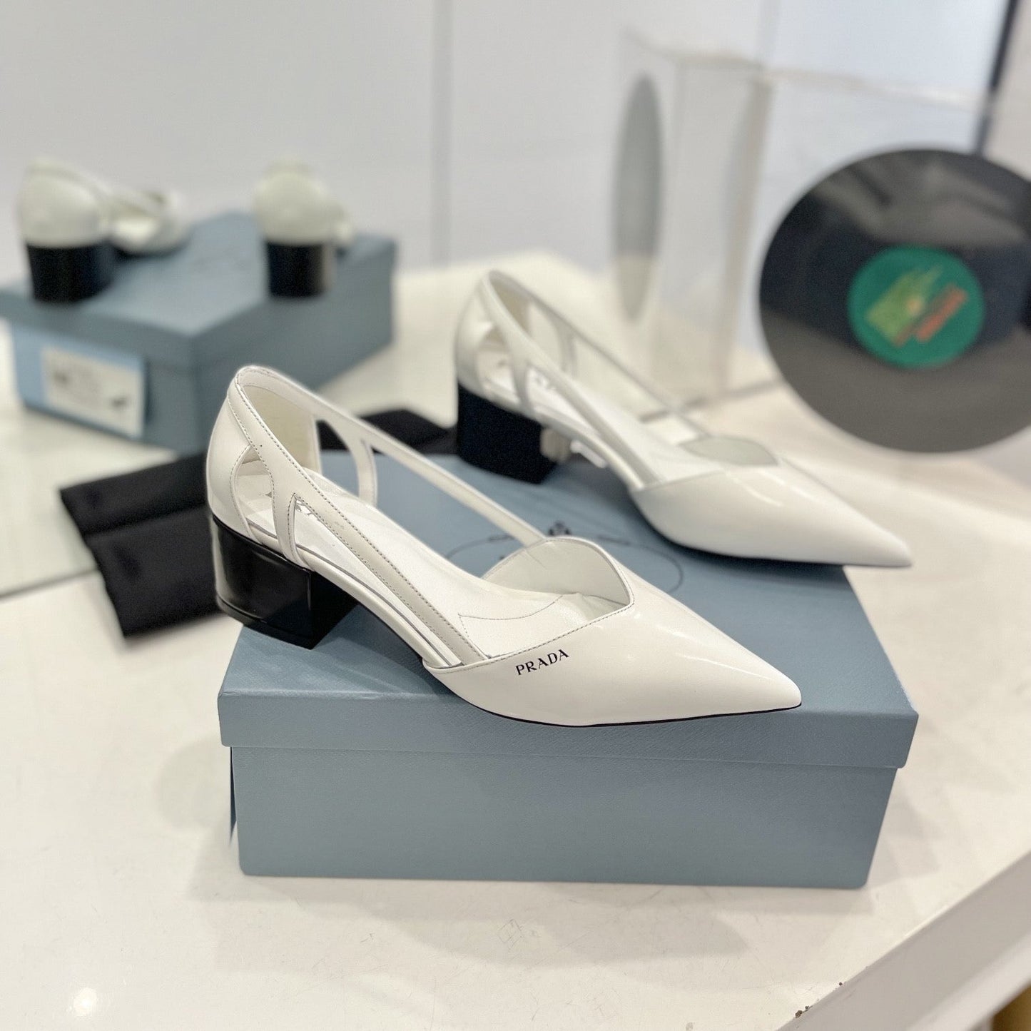 Luxury PradaPumps 50 Square Sole White Patent Leather