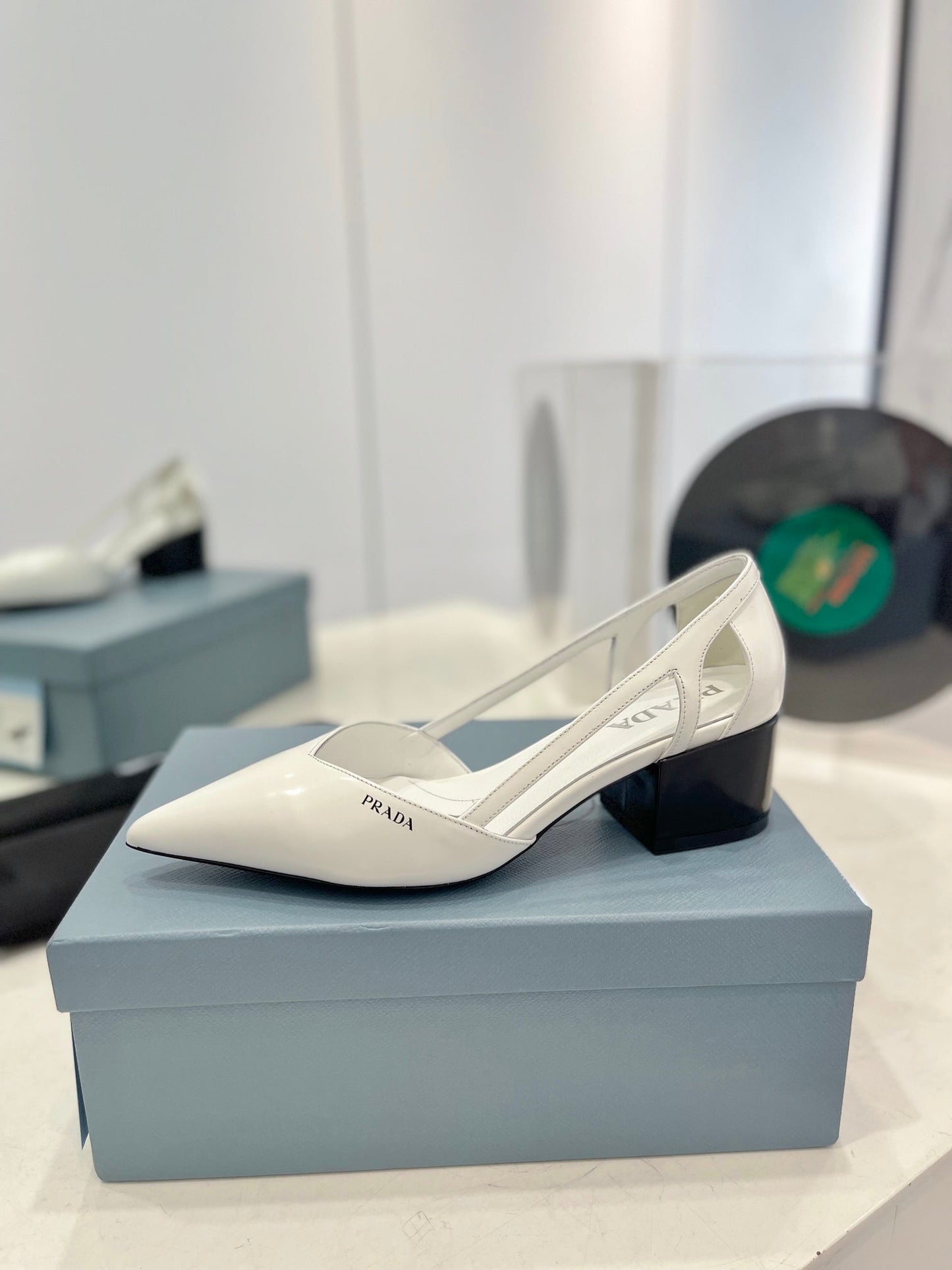 Luxury PradaPumps 50 Square Sole White Patent Leather