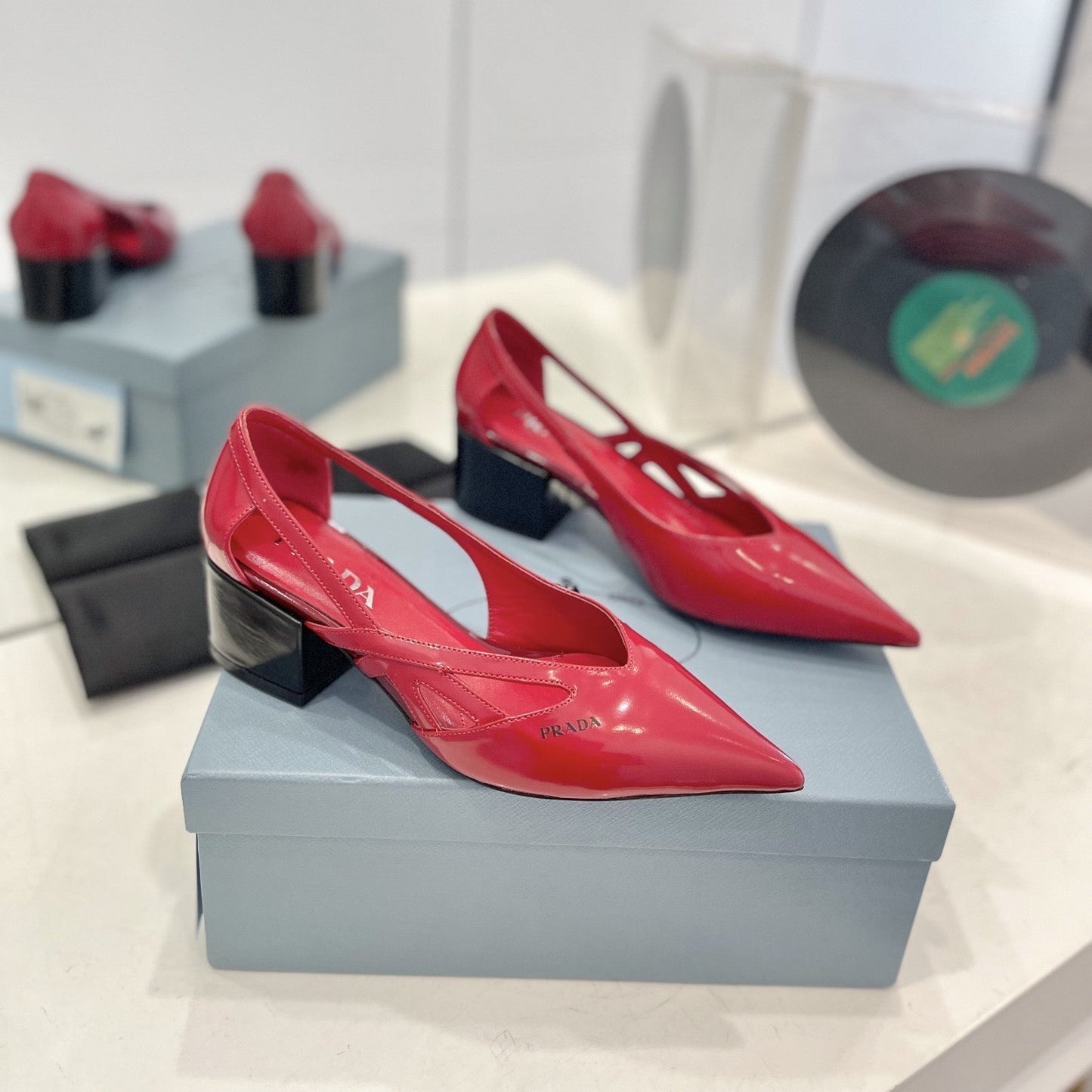 Luxury PradaPumps 50 Square Sole Red Patent Leather