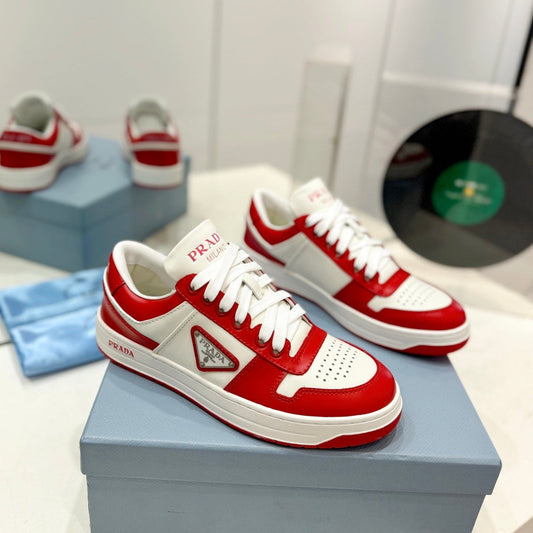 Luxury PradaDOWNTOWN PERFORATED SNEAKERS WHITE AND RED CALFSKIN