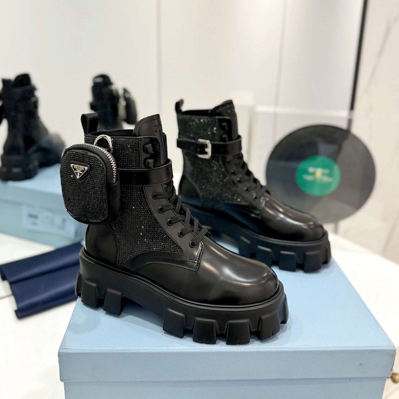 Luxury PradaMONOLITH BRUSHED AND RE-NYLON BOOTS WITH POUCH TWINKLE BLACK CALFSKIN