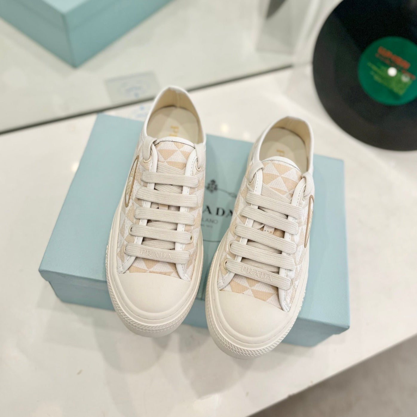 Luxury PradaPRINTED COTTON SNEAKERS BEIGE AND NUDE TRIANGLE CANVAS