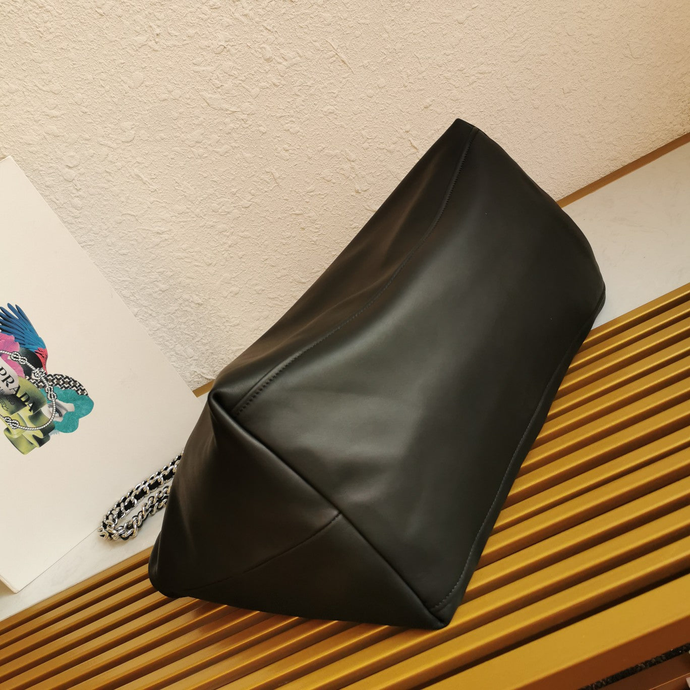 Luxury PradaCHAIN TOTE 39 SOFT BLACK CALFSKIN SILVER HARDWARE