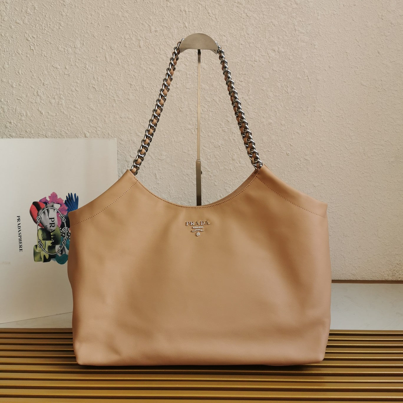 Luxury PradaCHAIN TOTE 39 SOFT BEIGE CALFSKIN SILVER HARDWARE