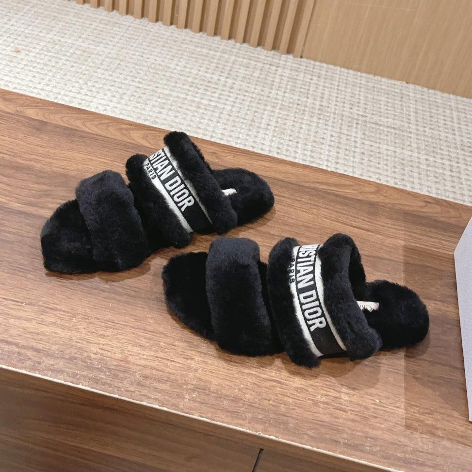 Luxury DiorSandal Black White Fleece And Canvas Fabric