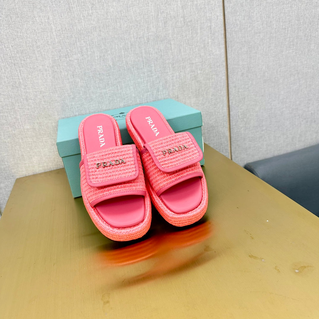 Luxury PradaCROCHET SLIDES SLIPPERS HOT PINK RAFFIA