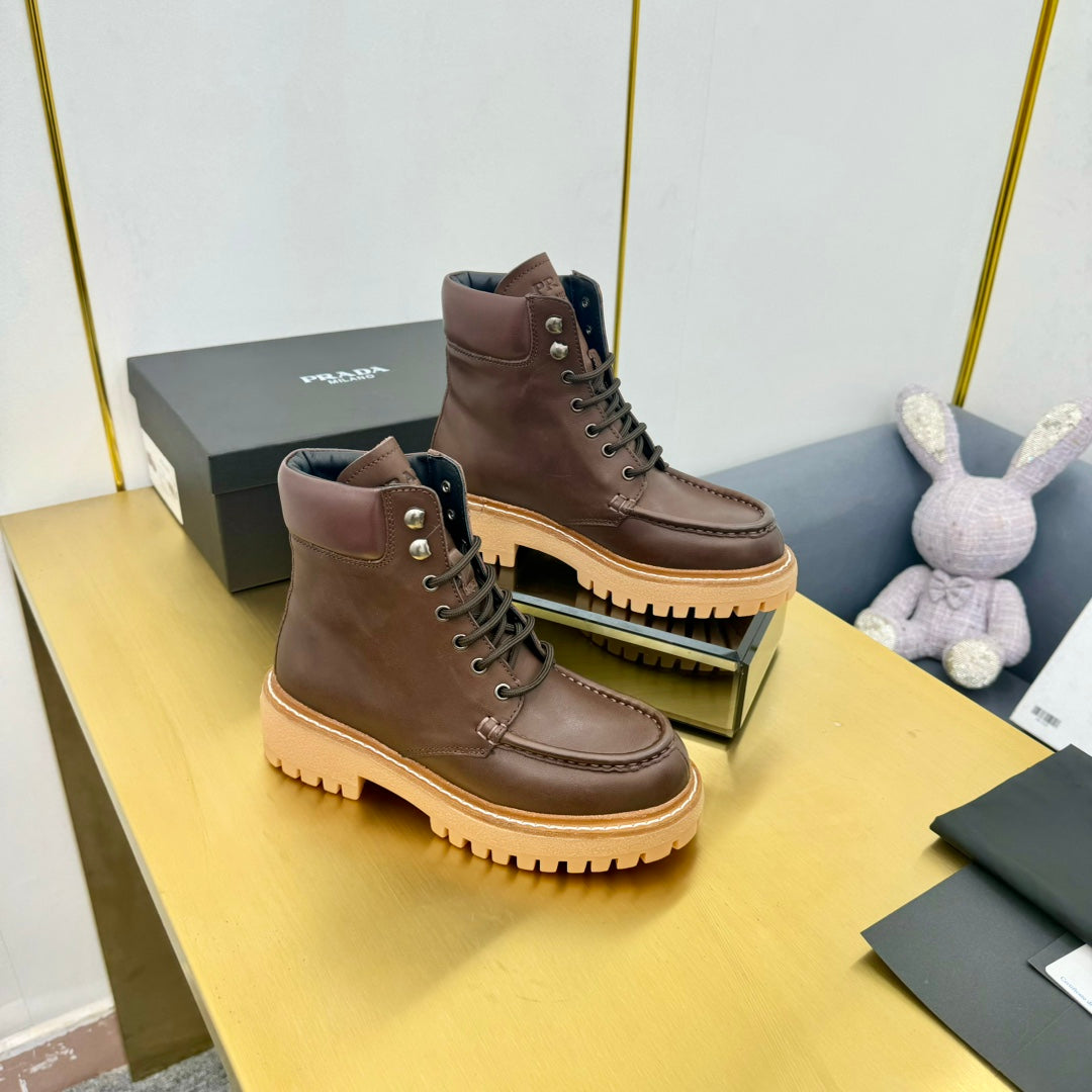Luxury PradaLACE-UP ANKLE BOOTS IN CHOCOLATE BROWN CALFSKIN