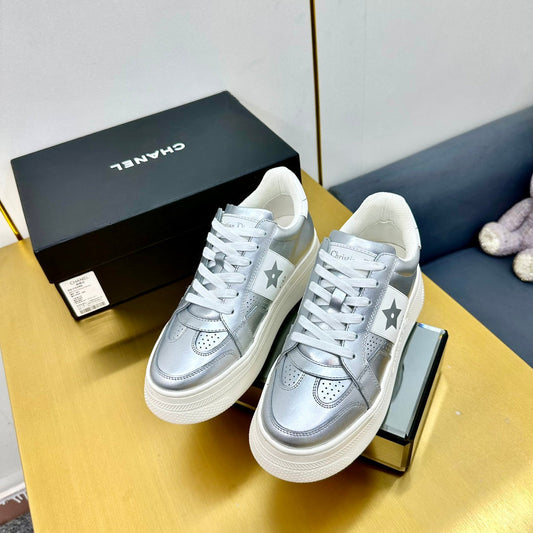 Luxury DiorStar Platform Sneaker In Silver Mix White Calfskin 111090