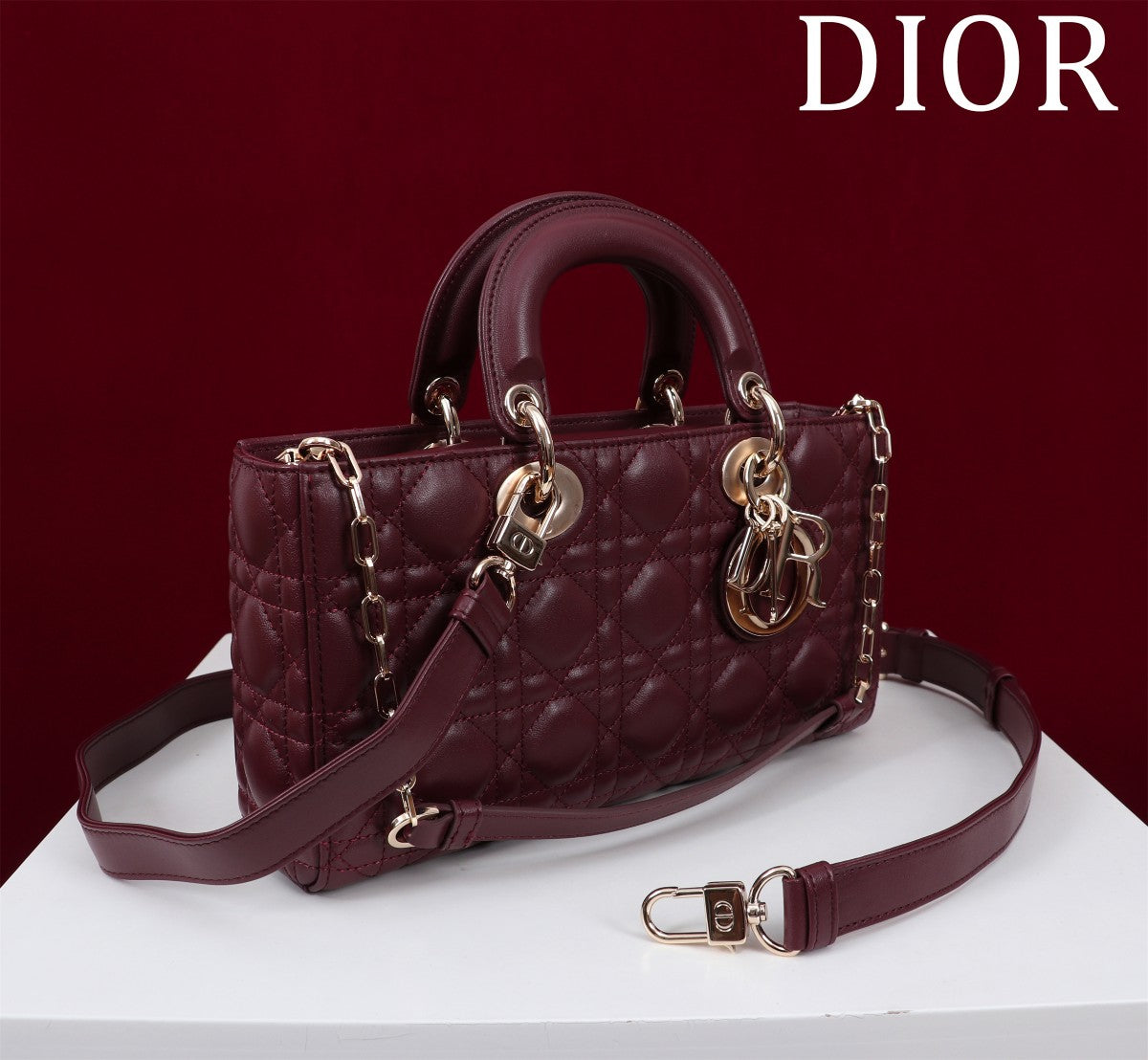 Luxury Diormedium lady d-joy 26 burgundy lambskin