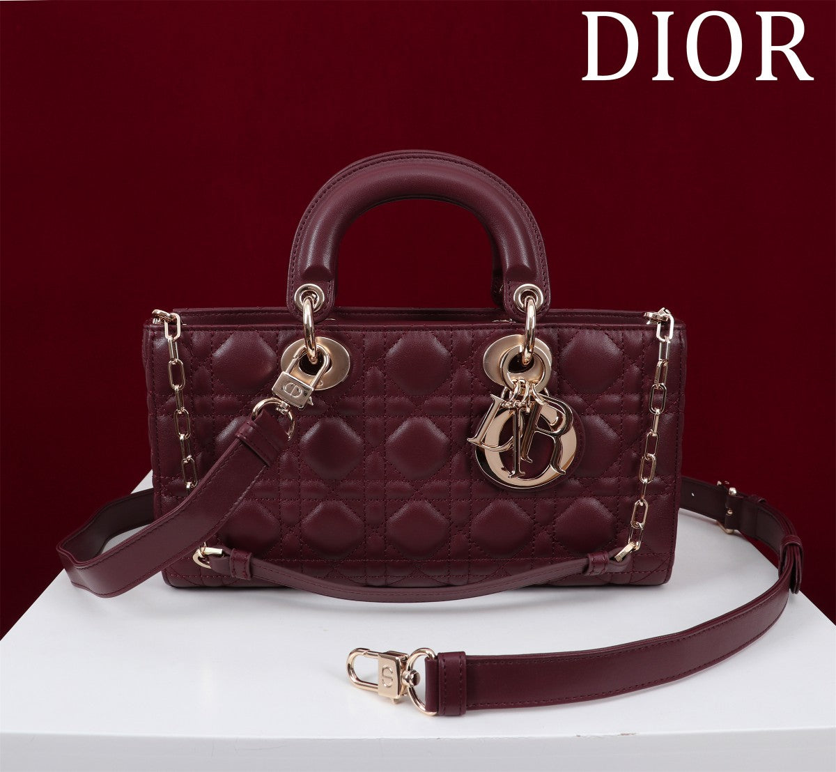 Luxury Diormedium lady d-joy 26 burgundy lambskin