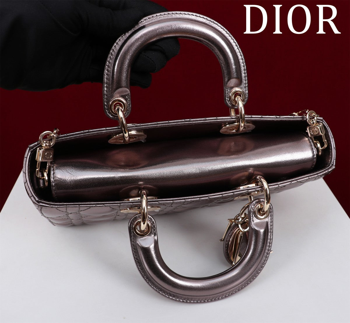 Luxury Diormedium lady d-joy 26 dark purple metalic lambskin