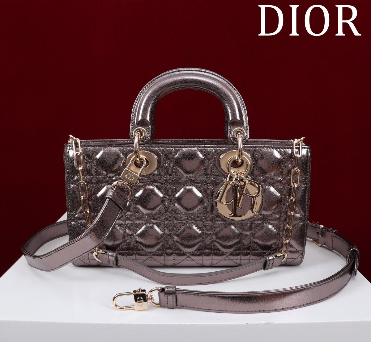 Luxury Diormedium lady d-joy 26 dark purple metalic lambskin