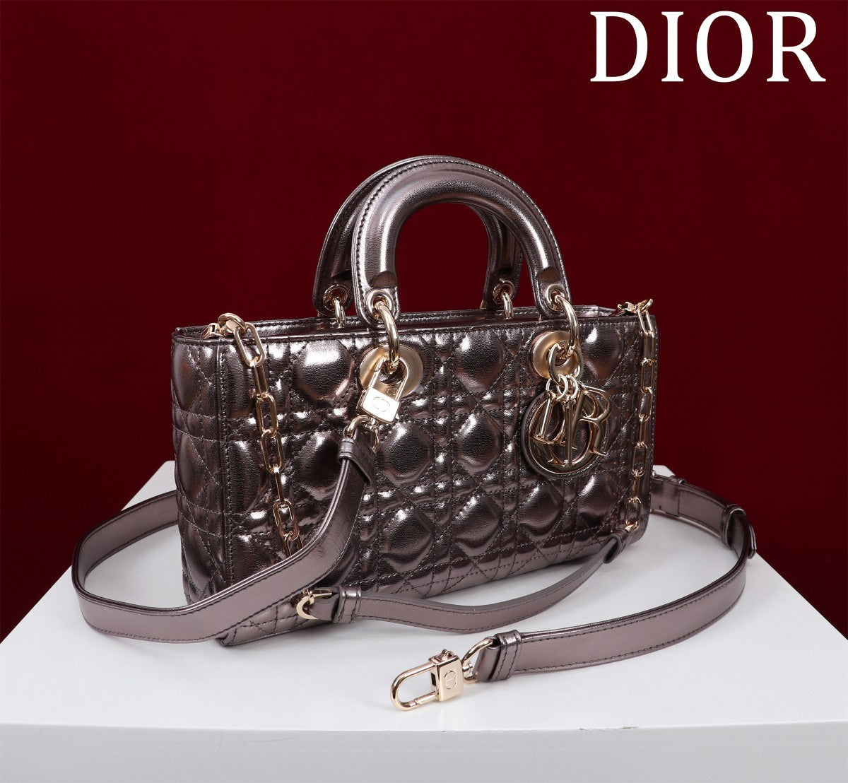 Luxury Diormedium lady d-joy 26 dark purple metalic lambskin