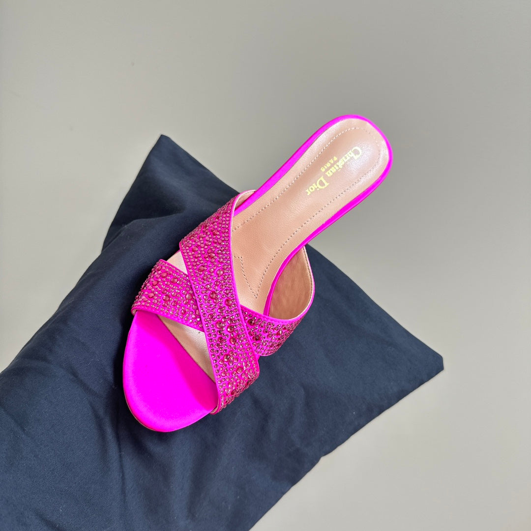 Luxury DiorTribales Heeled Slide 80mm Dark Pink Lambskin And Studded With Stones