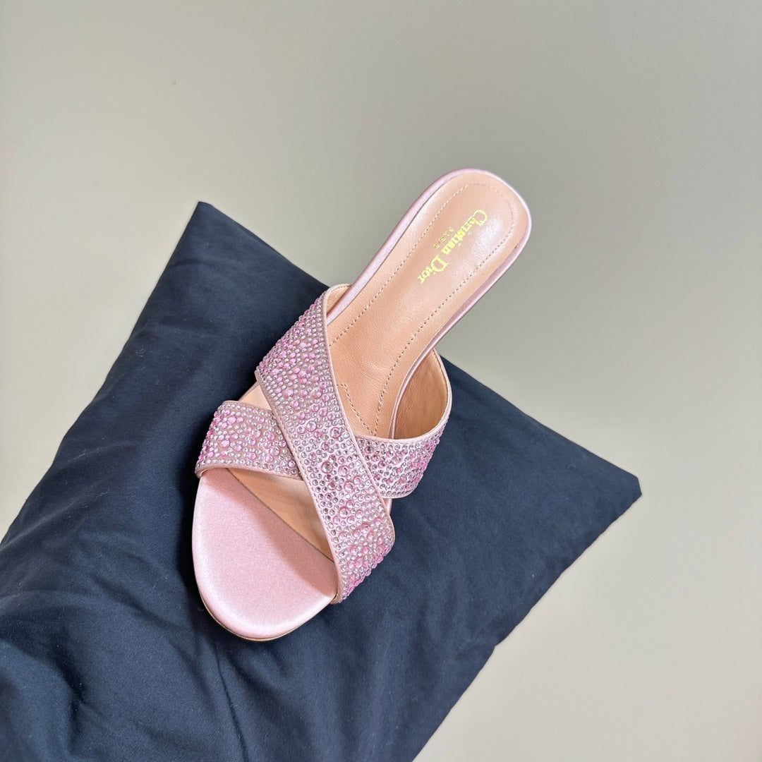 Luxury DiorTribales Heeled Slide 80mm Light Pink Lambskin And Studded With Stones