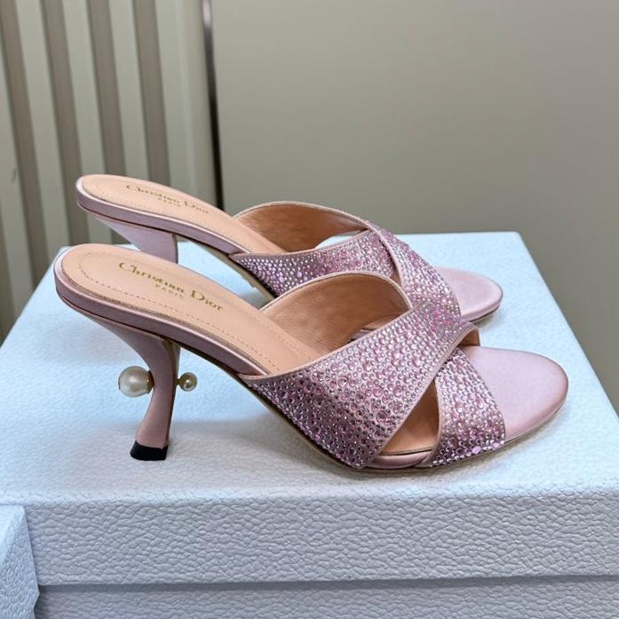 Luxury DiorTribales Heeled Slide 80mm Light Pink Lambskin And Studded With Stones