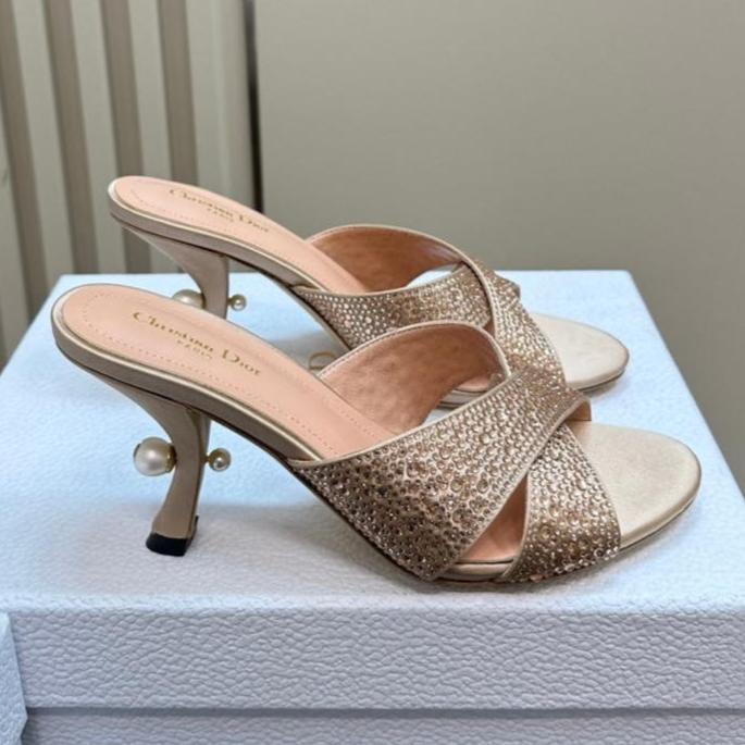 Luxury DiorTribales Heeled Slide 80mm Beige Lambskin And Studded With Stones