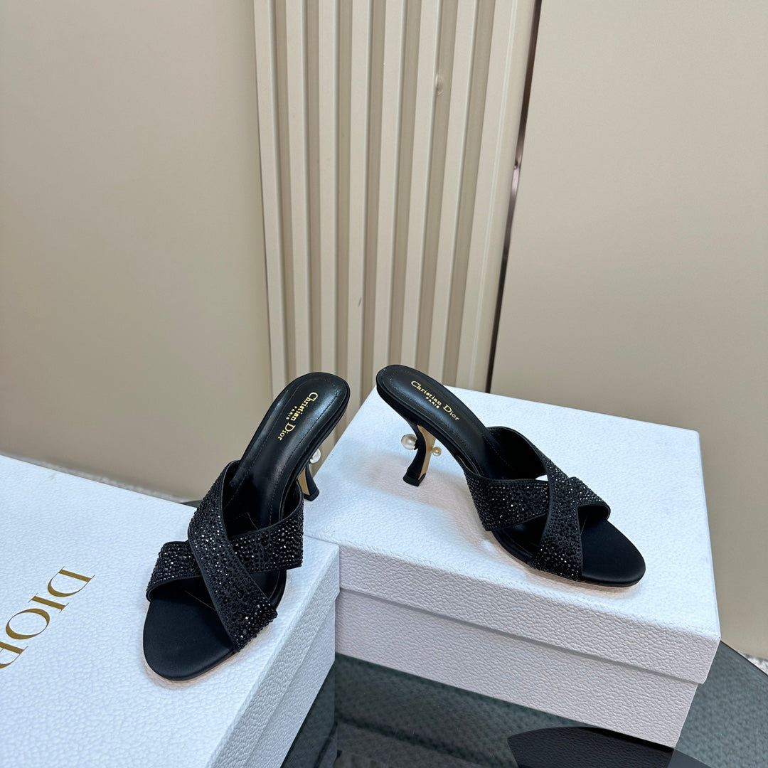 Luxury DiorTribales Heeled Slide 80mm Black Lambskin And Studded With Stones
