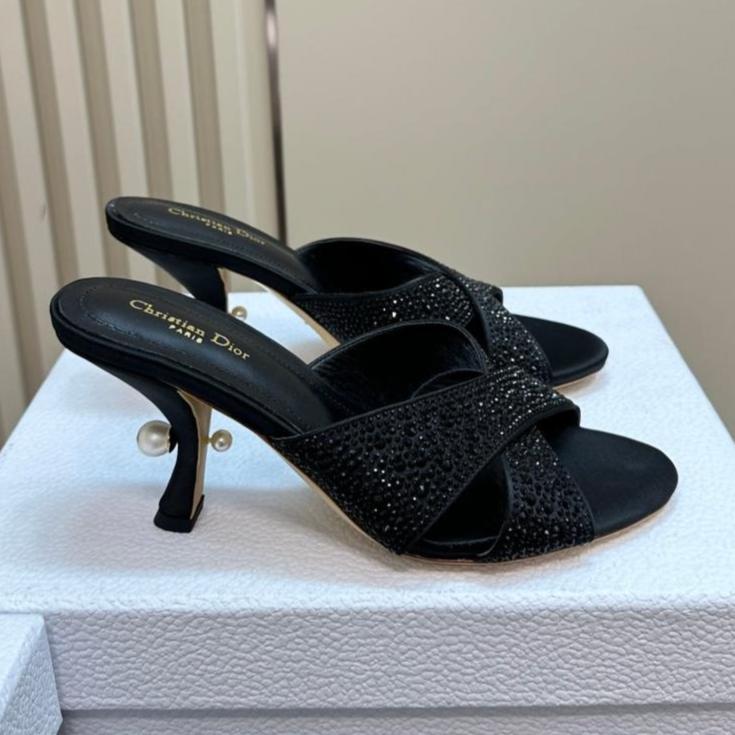 Luxury DiorTribales Heeled Slide 80mm Black Lambskin And Studded With Stones