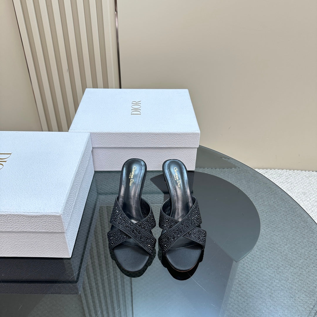 Luxury DiorTribales Heeled Slide 80mm Black Lambskin And Studded With Stones