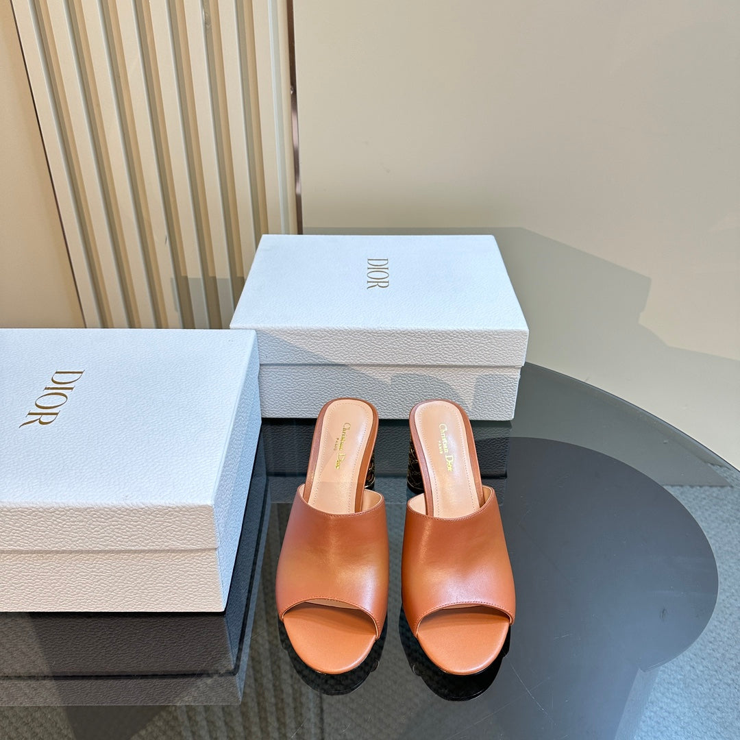 Luxury DiorIcon Heeled Slide 95mm Brown Calfskin