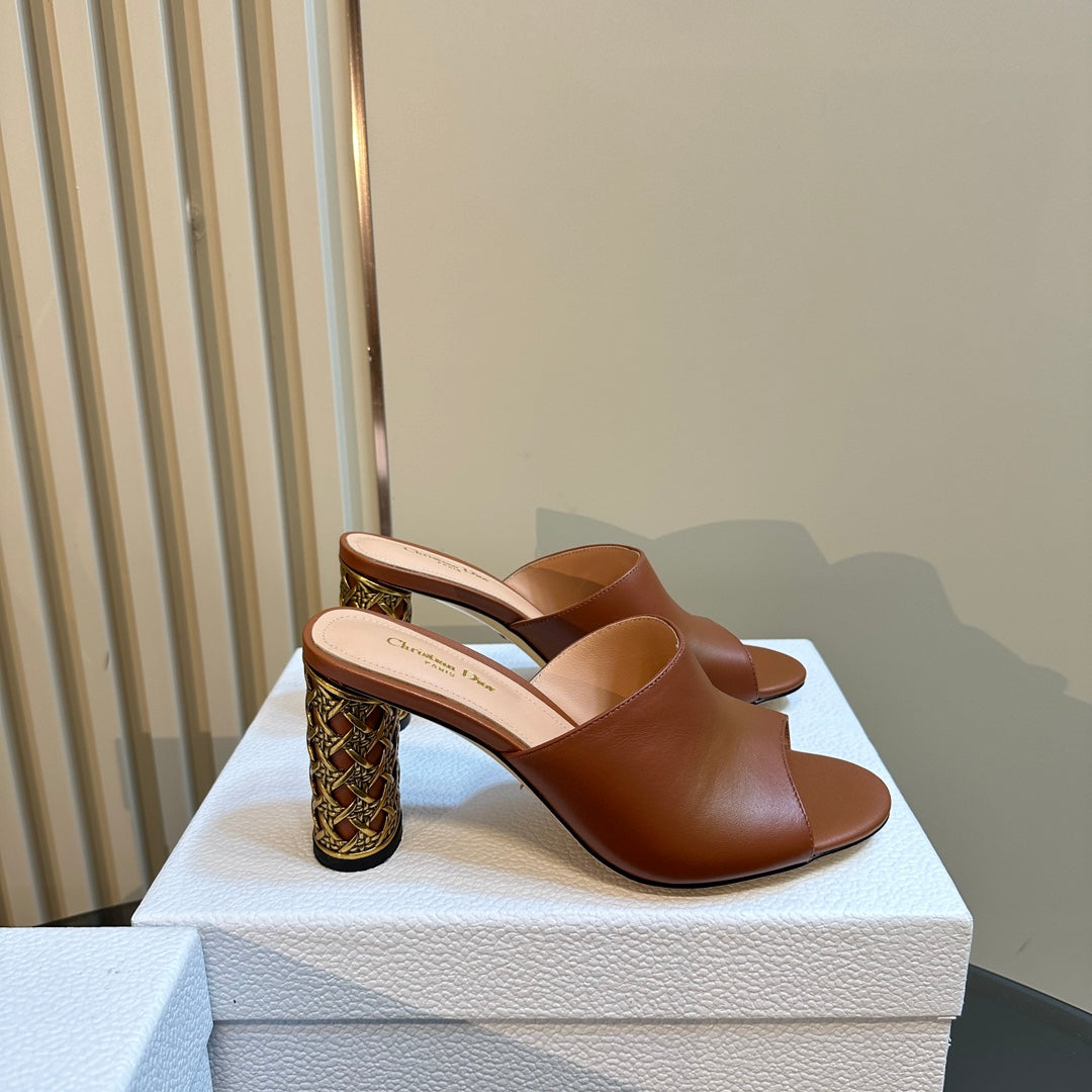Luxury DiorIcon Heeled Slide 95mm Brown Calfskin