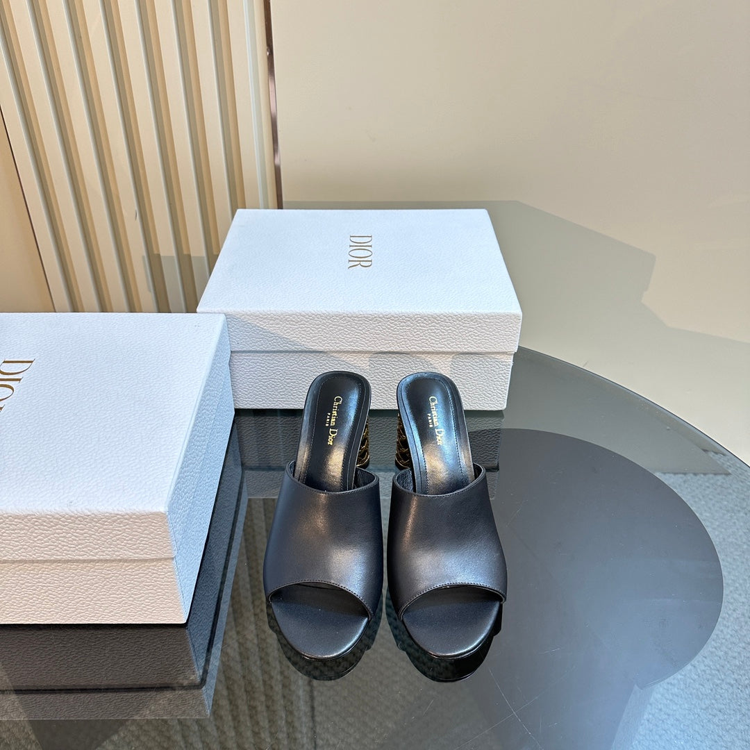 Luxury DiorIcon Heeled Slide 95mm Black Calfskin