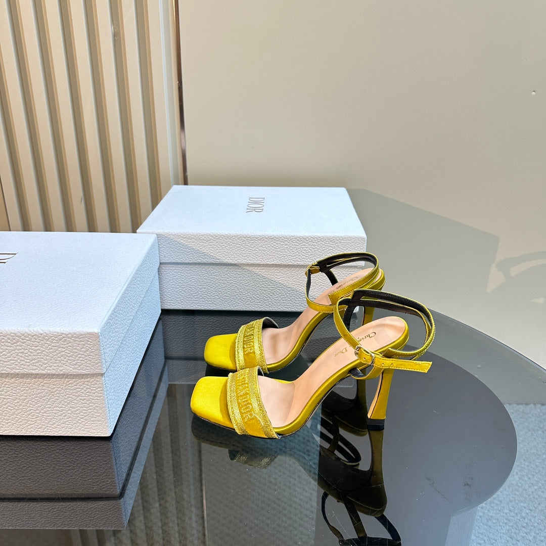 Luxury DiorDway Heeled Sandal 105mm Yellow Silk And Lambskin
