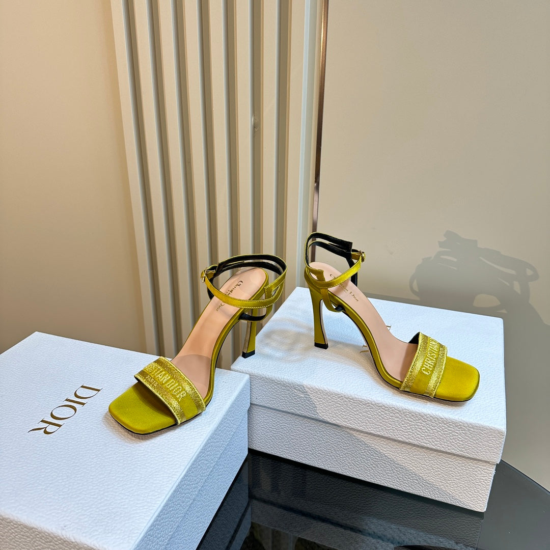 Luxury DiorDway Heeled Sandal 105mm Yellow Silk And Lambskin