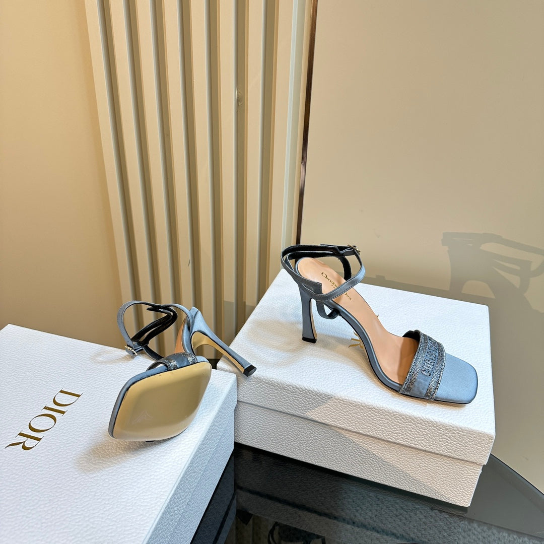 Luxury DiorDway Heeled Sandal 105mm Blue Silk And Lambskin