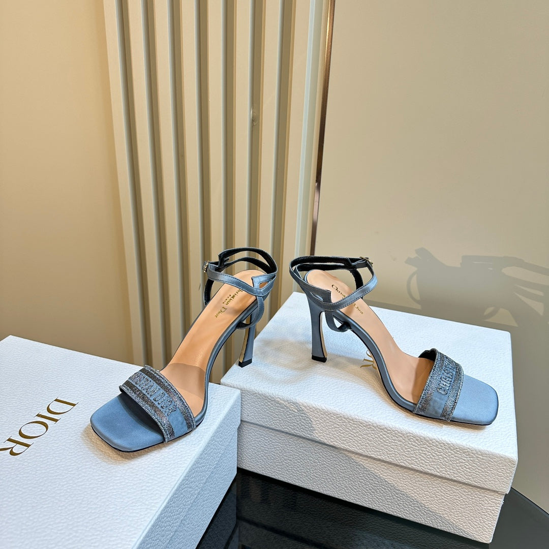 Luxury DiorDway Heeled Sandal 105mm Blue Silk And Lambskin