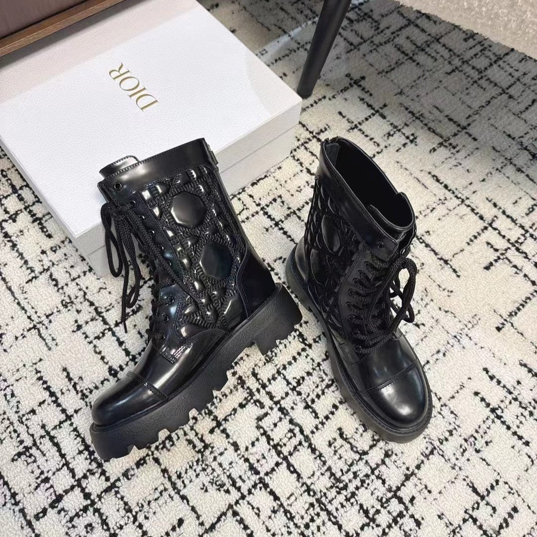 Luxury DiorD-Unit Ankle Boot Glossy Black Calfskin