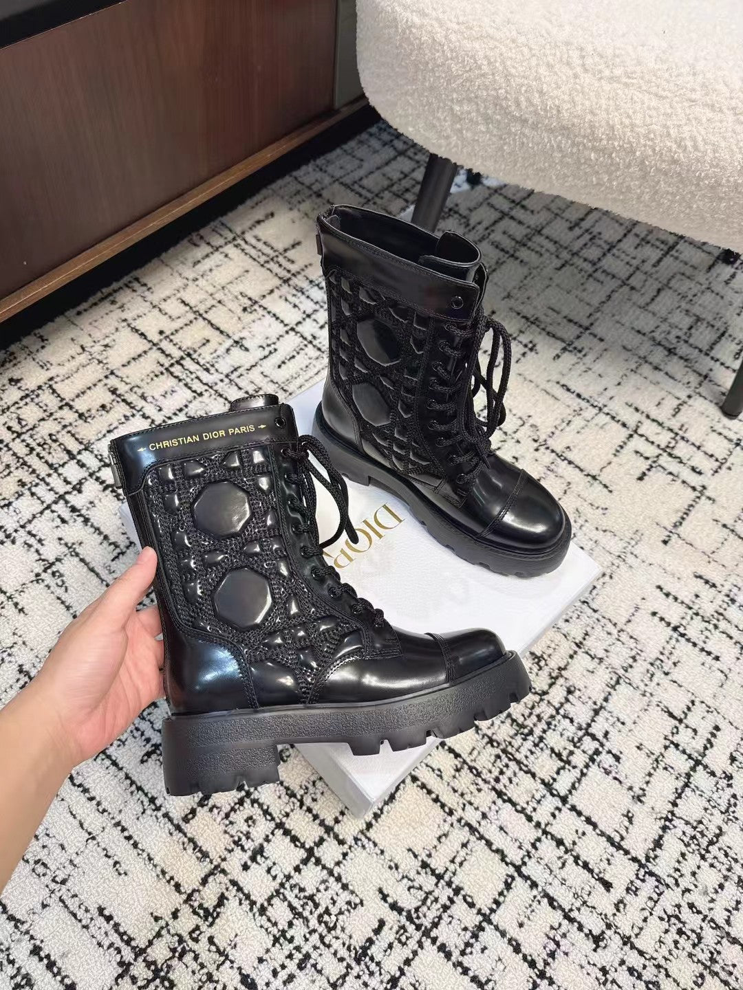 Luxury DiorD-Unit Ankle Boot Glossy Black Calfskin
