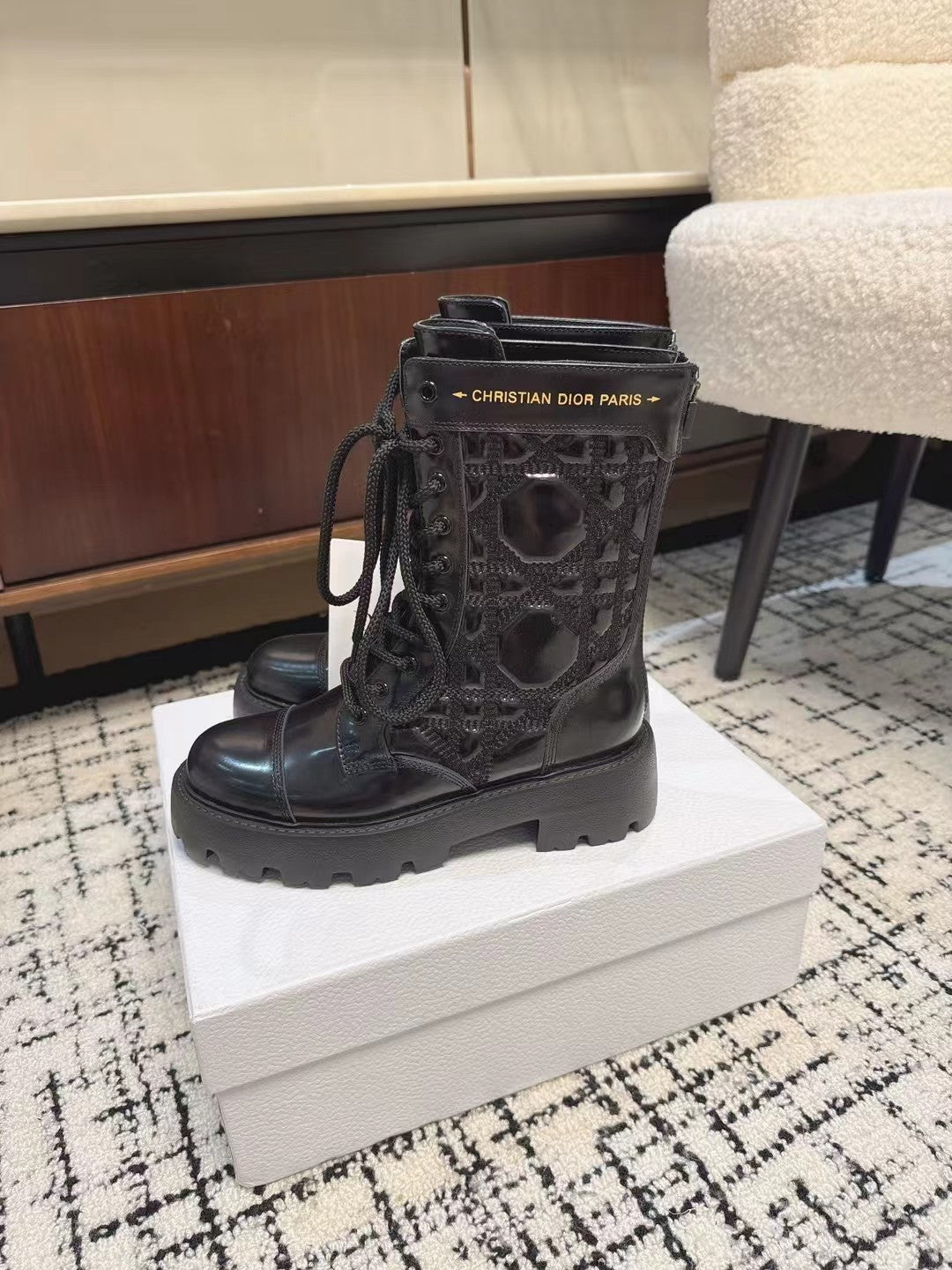 Luxury DiorD-Unit Ankle Boot Glossy Black Calfskin