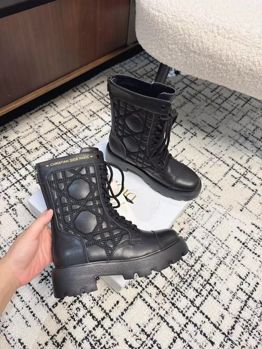 Luxury DiorD-Unit Ankle Boot Plain Black Calfskin