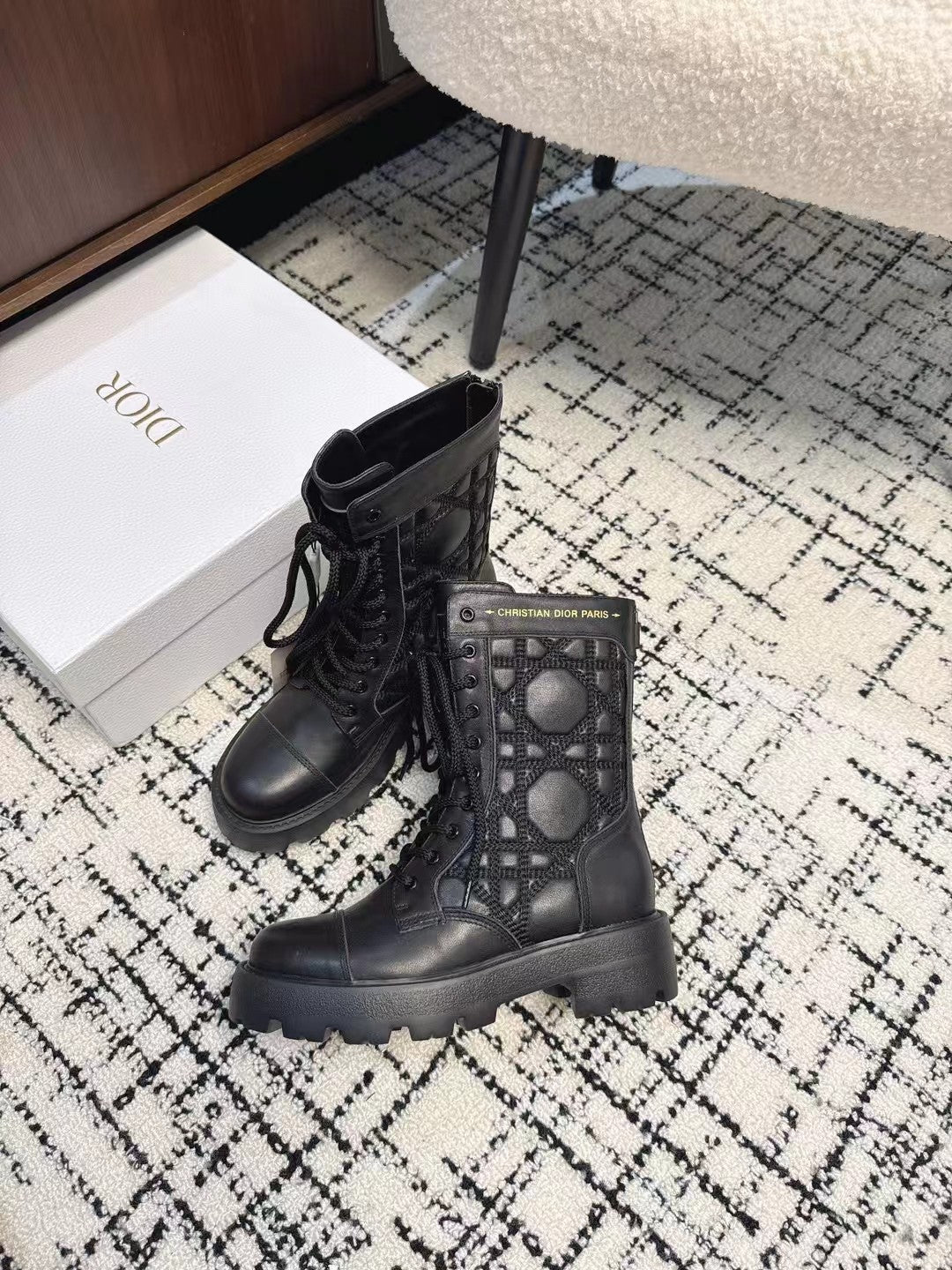 Luxury DiorD-Unit Ankle Boot Plain Black Calfskin