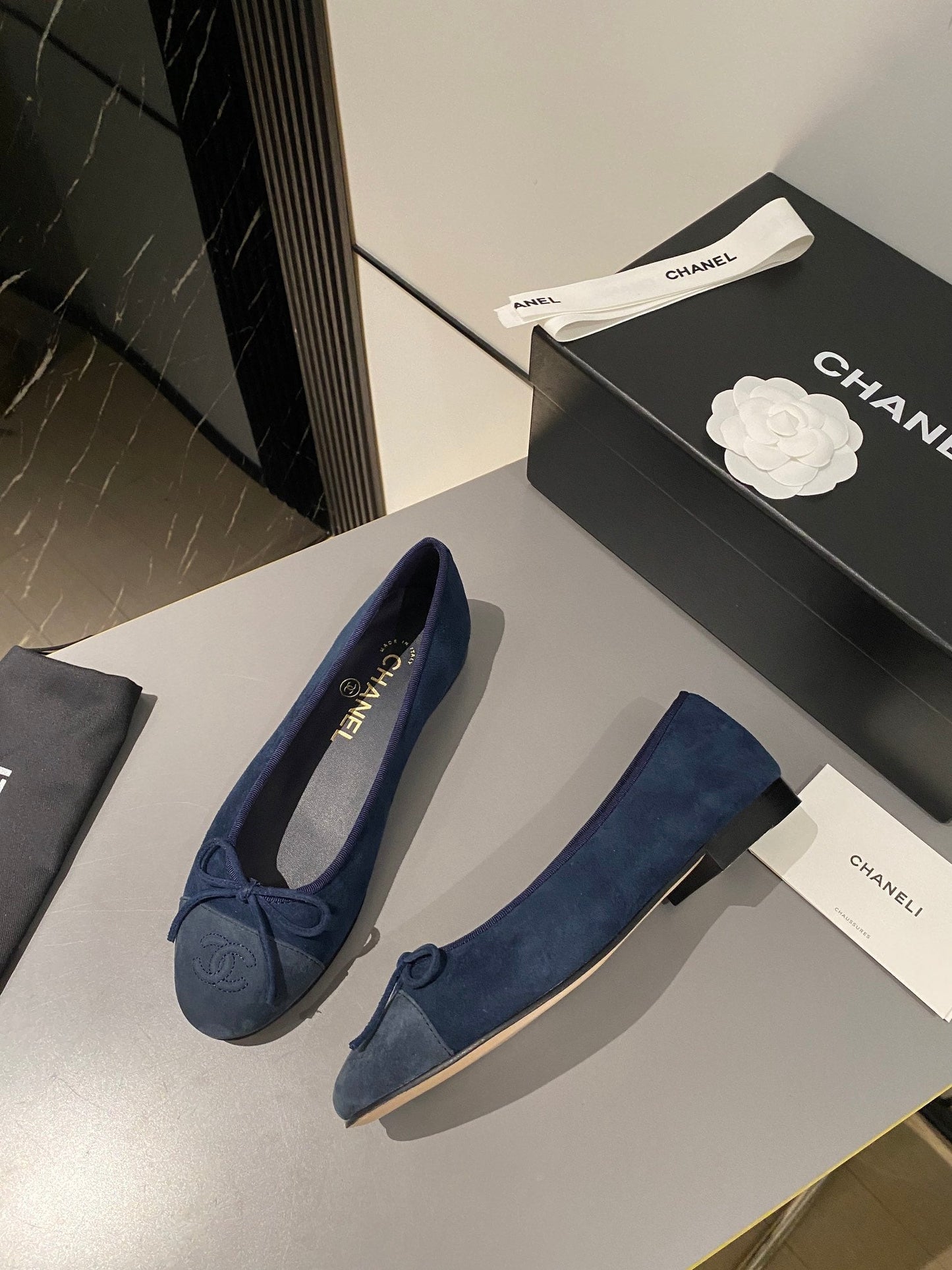 Luxury Chanel ballet flat dark blue suede calfskin