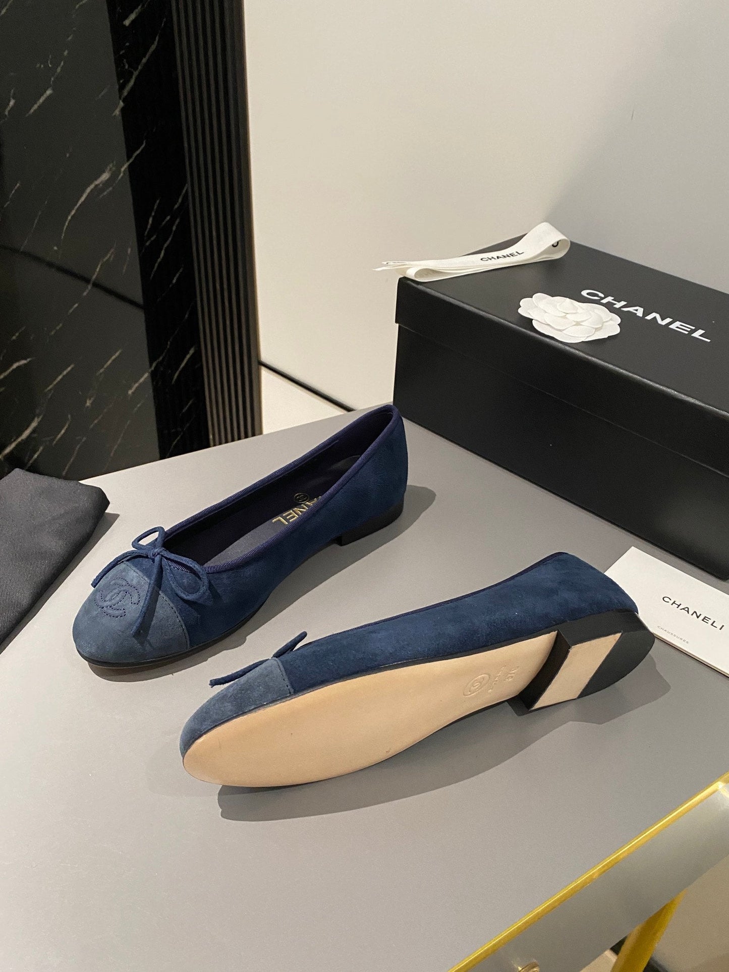 Luxury Chanel ballet flat dark blue suede calfskin