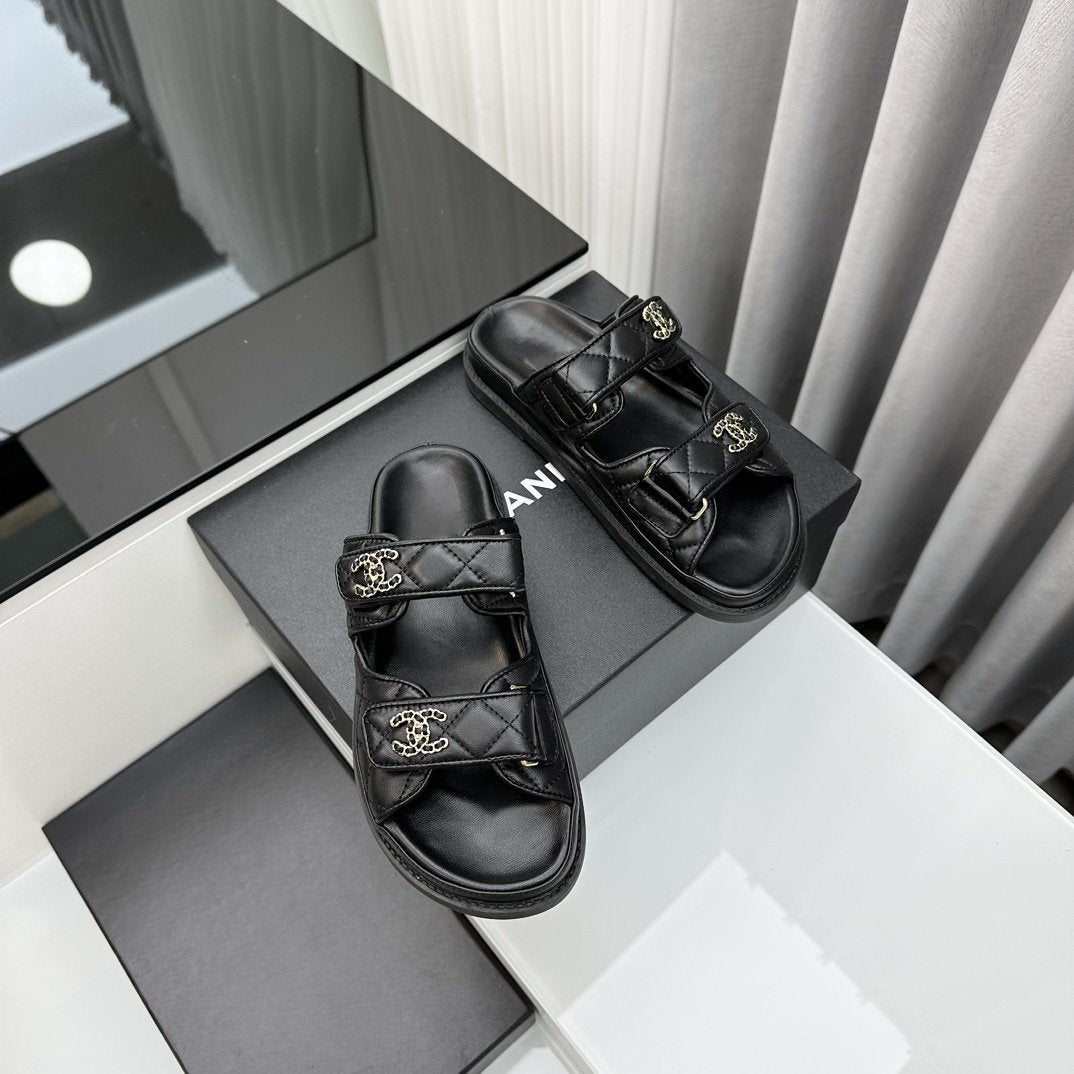 Luxury Chanel dad sandals black lambskin mules