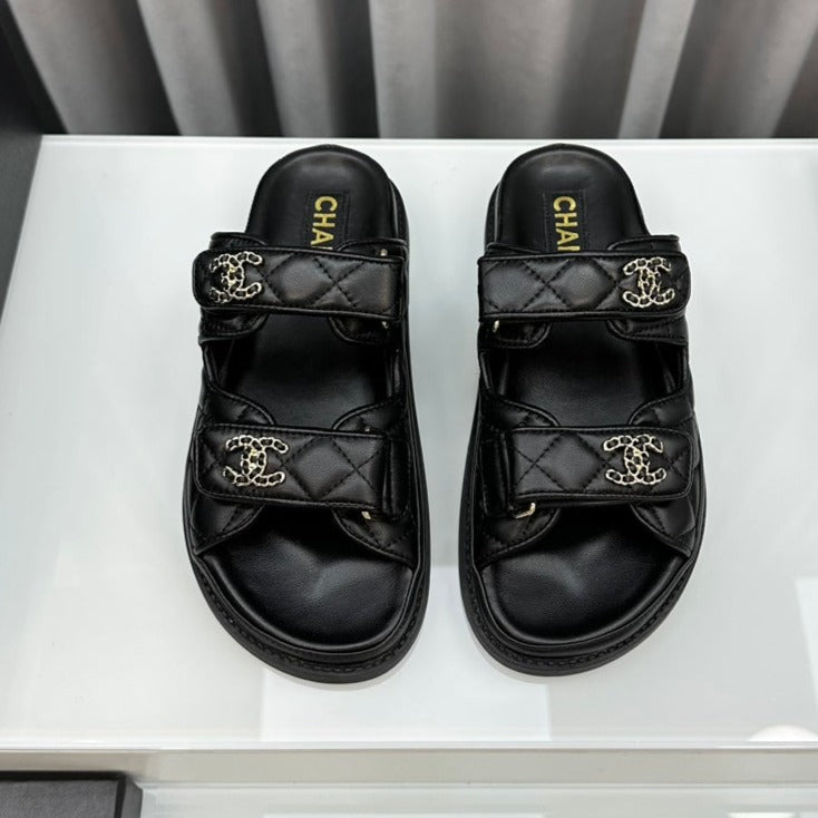 Luxury Chanel dad sandals black lambskin mules