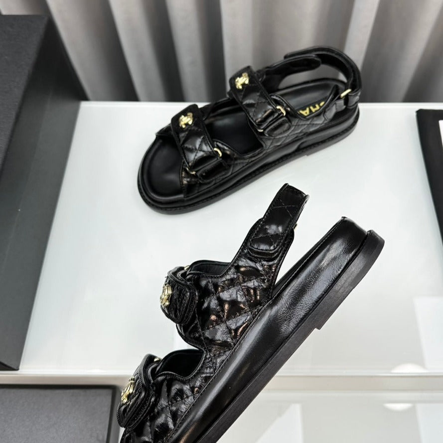 Luxury Chanel dad sandals black patent lambskin
