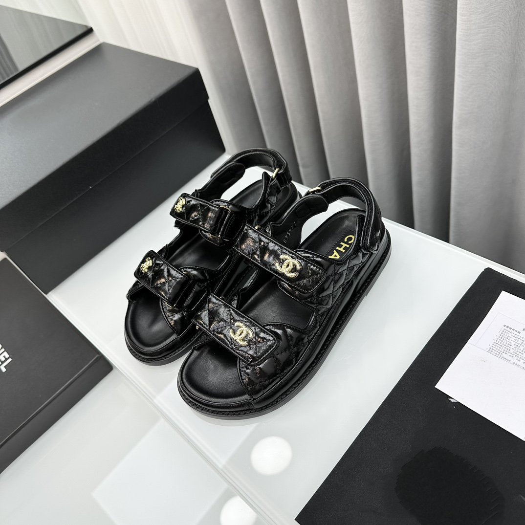 Luxury Chanel dad sandals black patent lambskin
