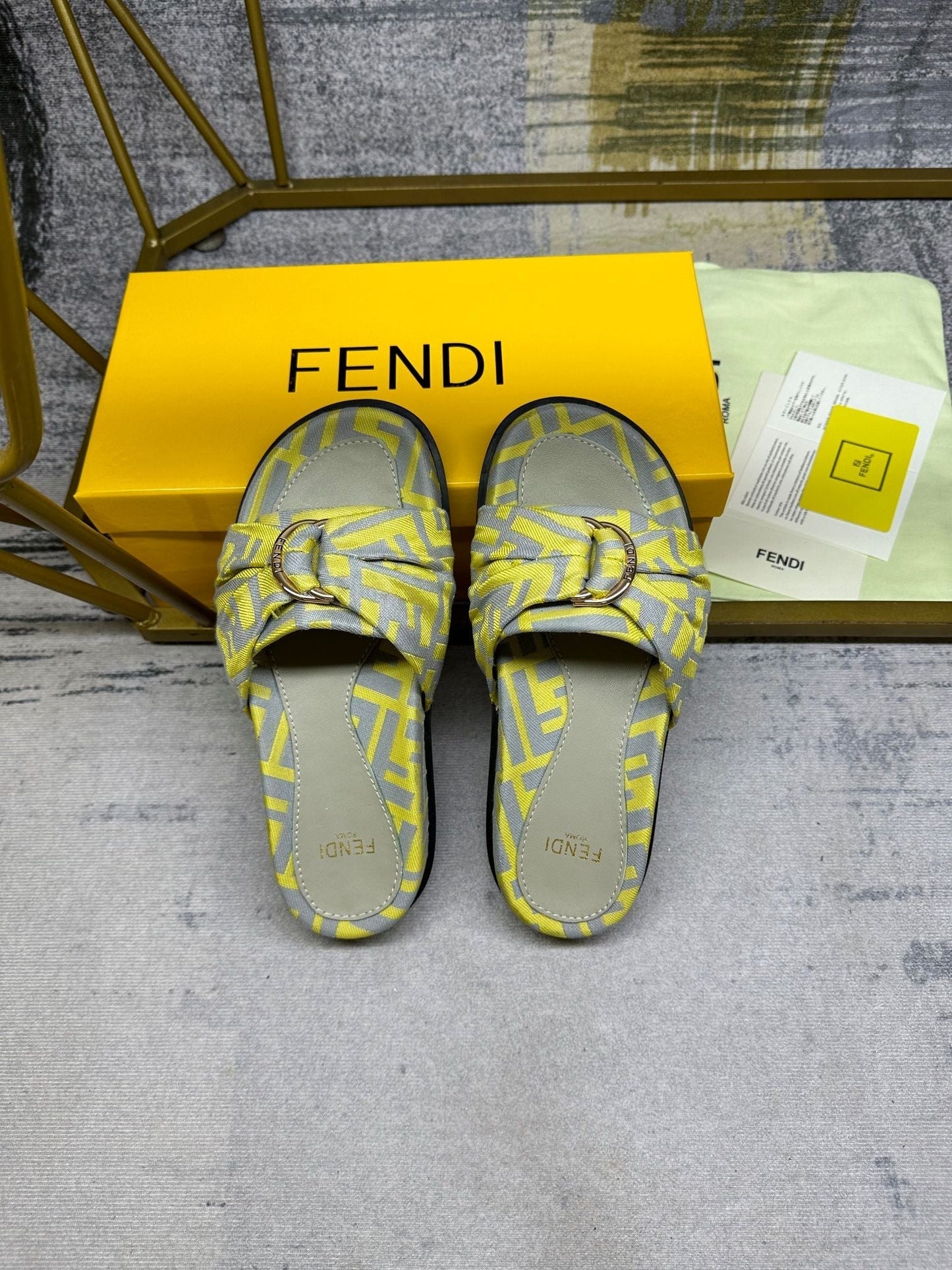 Luxury FendiFF Feel 10 Yellow Grey FF jacquard Slide