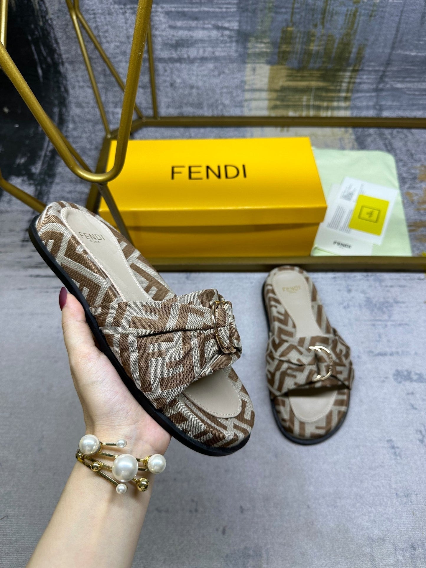 Luxury FendiFF Feel 10 Brown Beige FF jacquard Slide