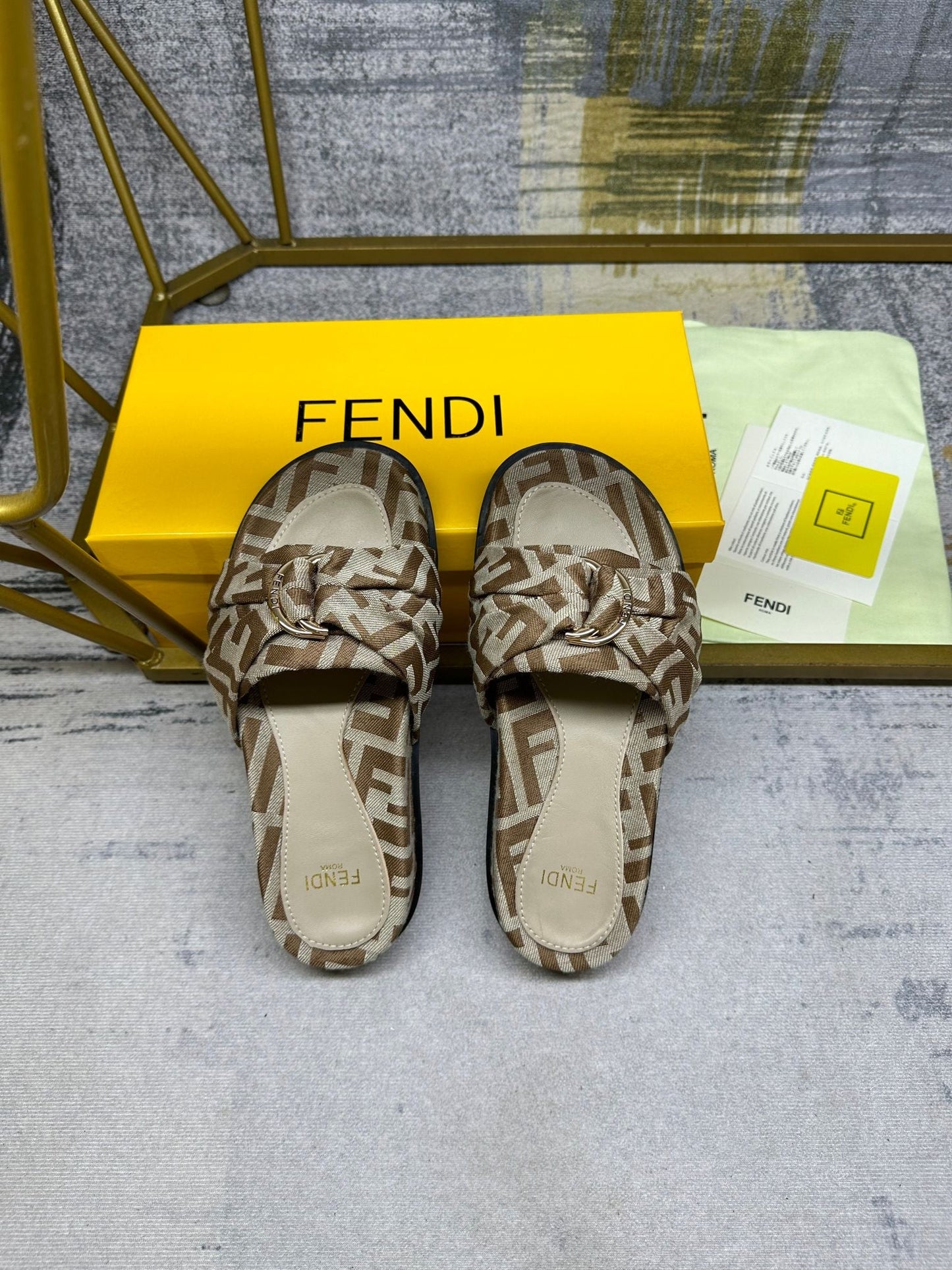Luxury FendiFF Feel 10 Brown Beige FF jacquard Slide