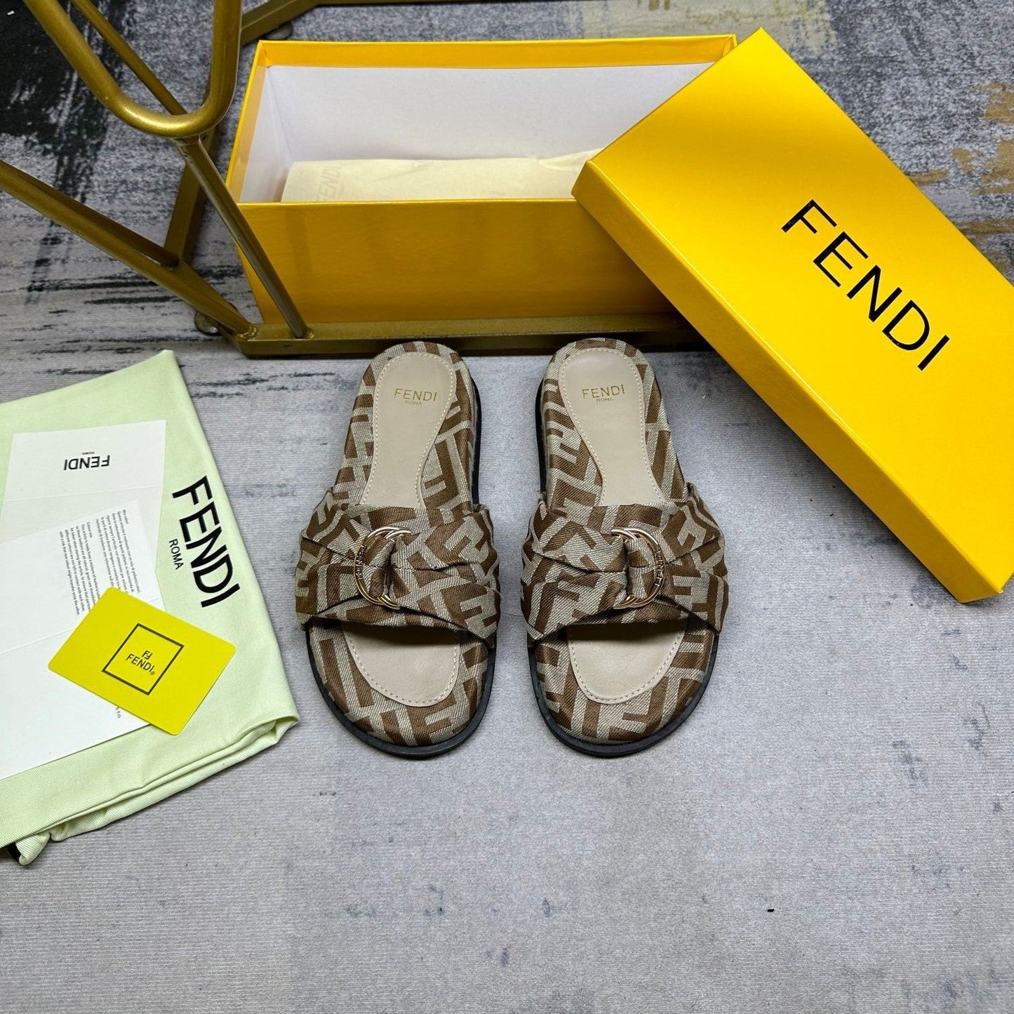 Luxury FendiFF Feel 10 Brown Beige FF jacquard Slide