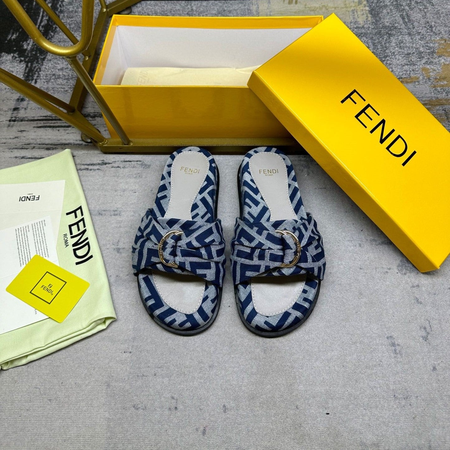 Luxury FendiFF Feel 10 Blue Grey FF jacquard Slide