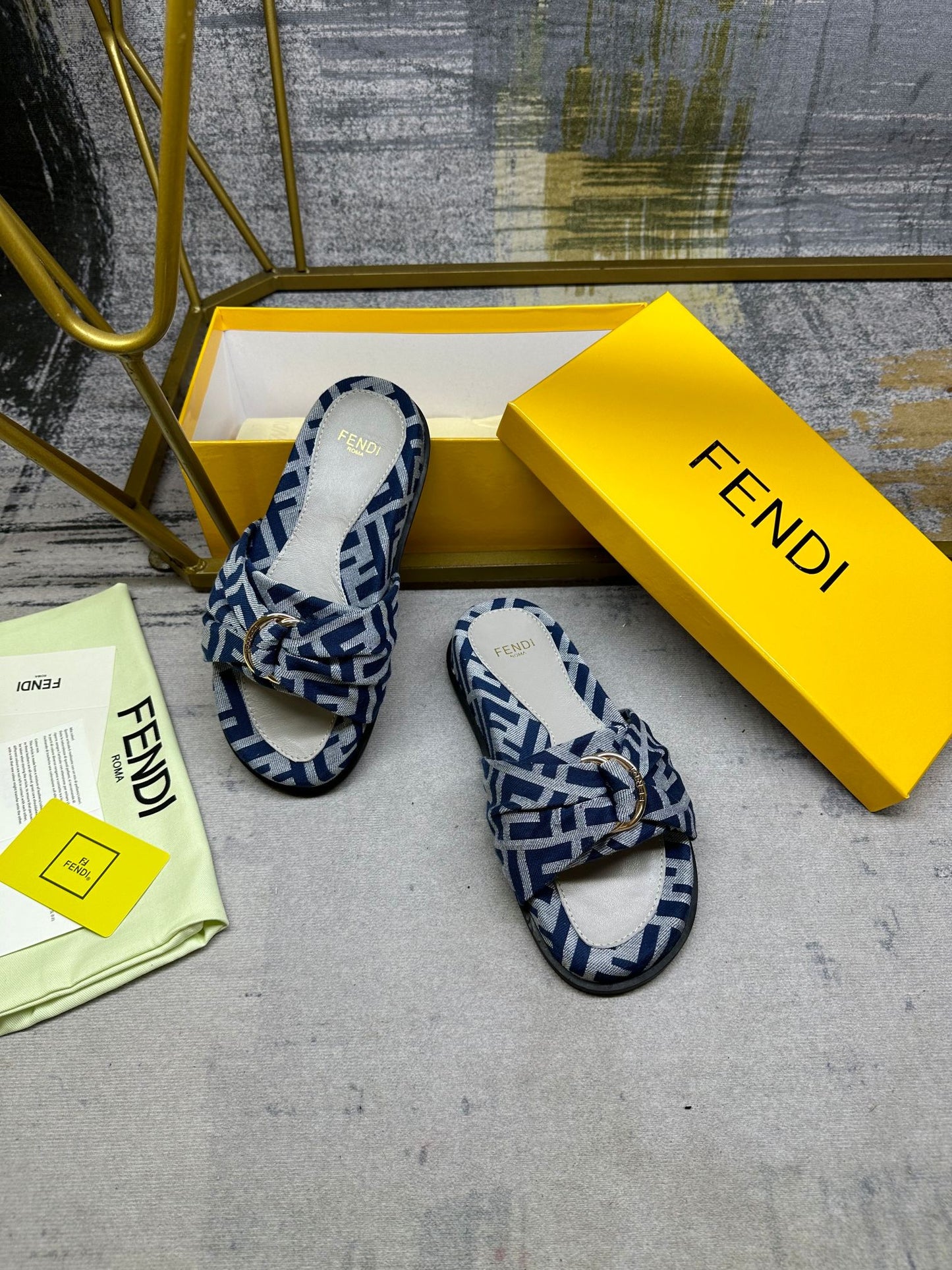 Luxury FendiFF Feel 10 Blue Grey FF jacquard Slide