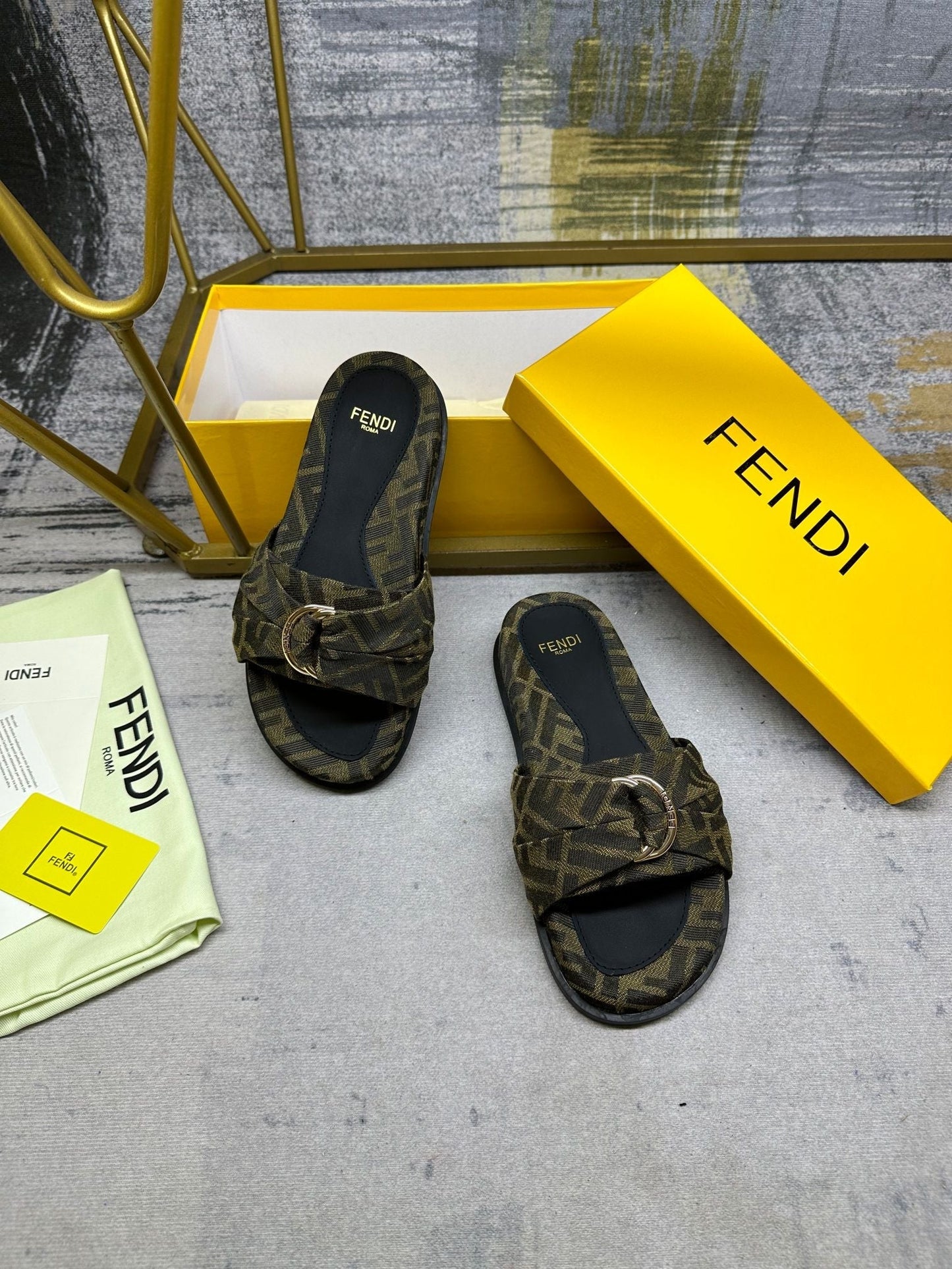 Luxury FendiFF Feel 10 Olive Black FF jacquard Slide